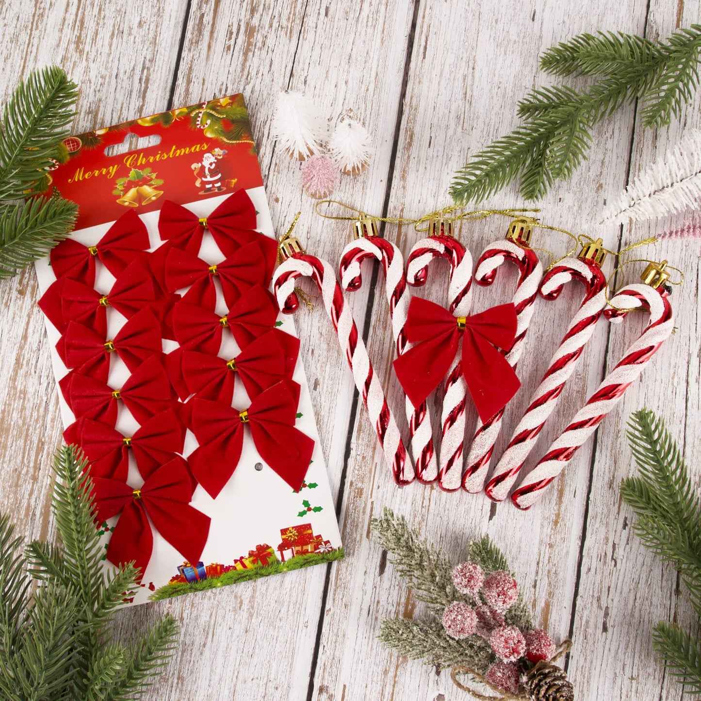18pcs Christmas Decorations Candy Canes Red White and Small Red Bows for Christmas Tree Decorations Hanging Ornaments (Red)