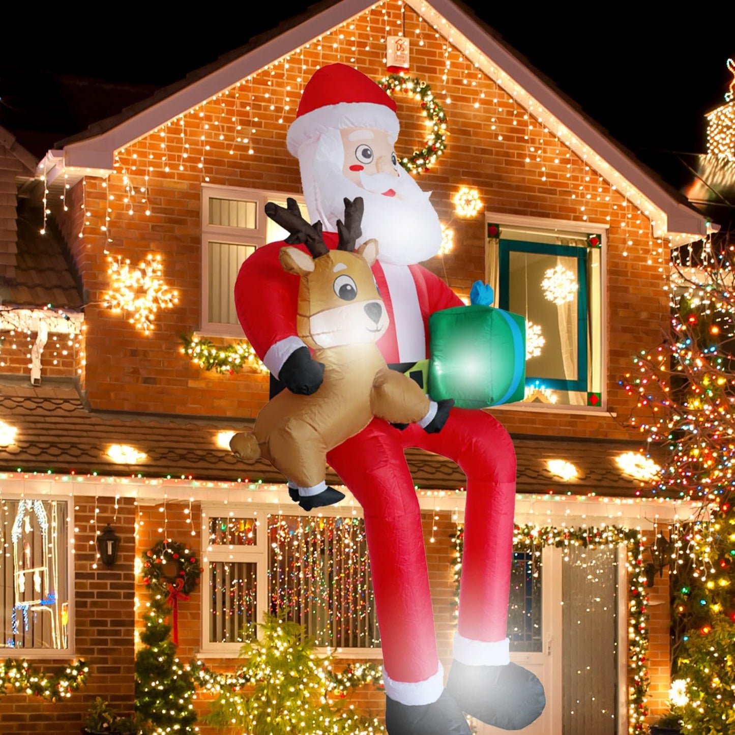PIPIMOUSE 9.5Ft Christmas Inflatable Outdoor Decoration Giant Sitting Santa Claus Christmas Inflatables with LED Light Climbing Santa Inflatable Blow Up Yard Decorations for Xmas Roof Eaves Lawn Shrub