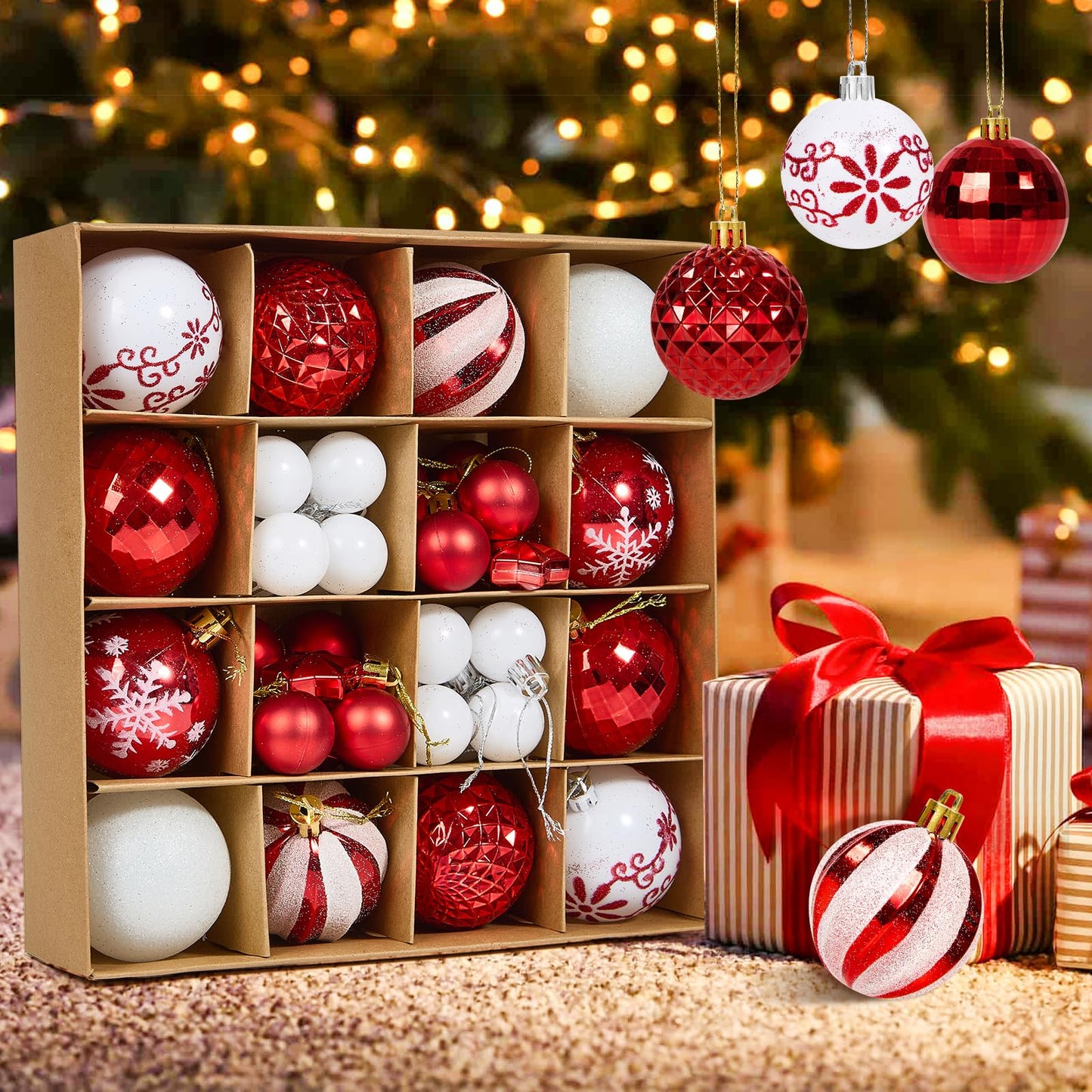 Fuyuleyo 44Pcs Christmas Baubles, Red and White Christmas Tree Decorations Set, Shatterproof Xmas Balls Ornaments Tree Baubles for Hanging Xmas Decorations Festive Holiday Home Decor