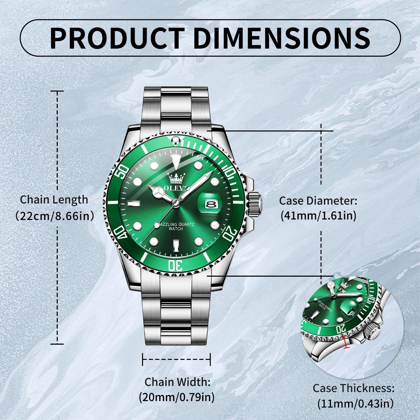 OLEVS Mens Watch Big Face Silver Stainless Steel Analogue Quartz Watches Men Green Dial Rotatable Bezel Calendar Men's Dress Watch Waterproof Luminous with Date Watches for Men Reloj para Hombre