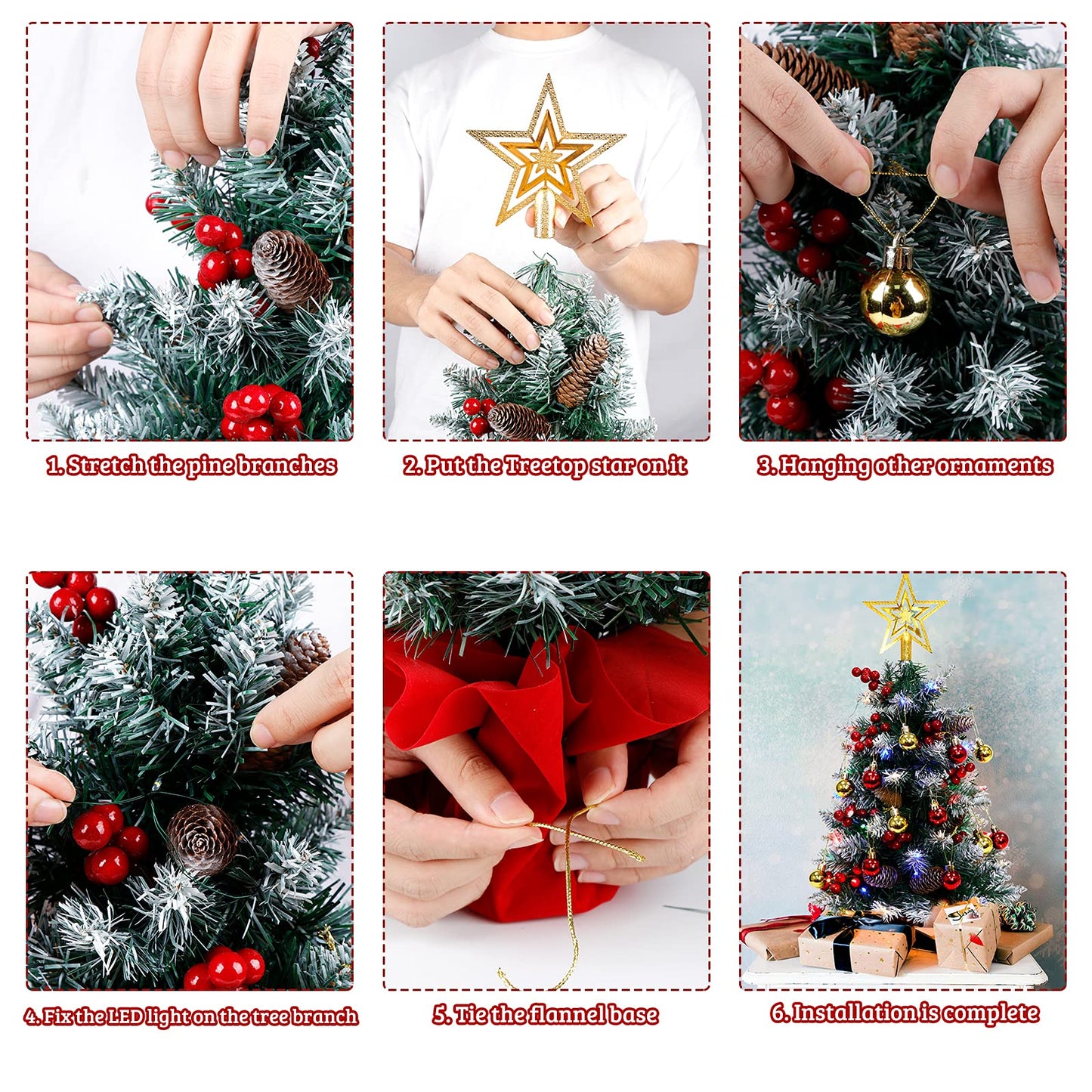 Fayavoo 60cm Mini Christmas Tree Artificial Tabletop Christmas Tree with Lights Christmas Baubles Ball Ornaments, Potted Small Xmas Tree with Christmas Tree Star for Christmas Decorations