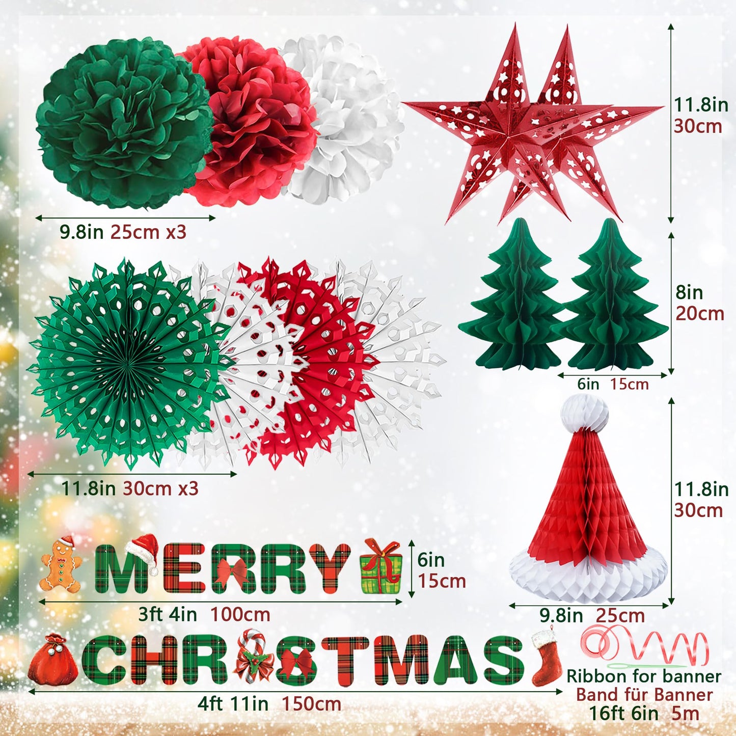 YBwanli Premium Reusable Christmas Decoration Set - Paper and Ceiling Hanging Decorations for Indoor Xmas Room Decor