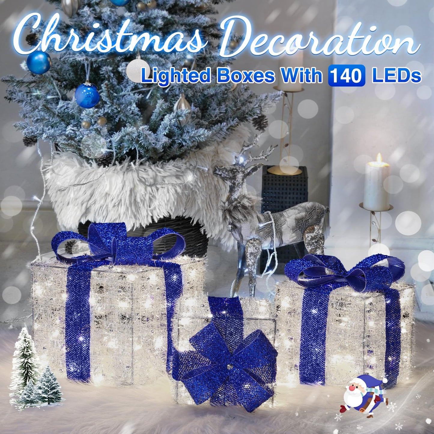 Quntis Light up Present Boxes Christmas 140 LEDs, Set of 3 Christmas Lighted Gift Boxes with 8 Modes and Timer, Plug in Blue Christmas Decorations, Light up Xmas Decorations for Indoor Outdoor