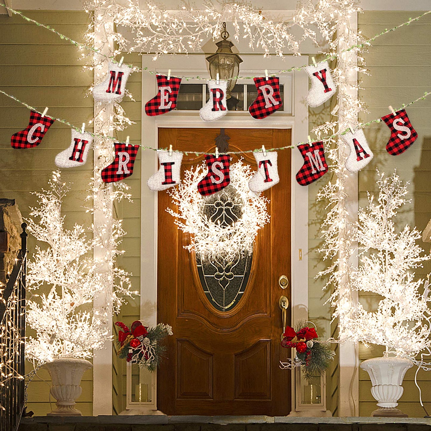 LessMo Merry Christmas Banners, Sock Shaped Burlap Banners, Red-White Plaid, 3 Meters (Length Only), 14 Pieces, Indoor/Outdoor, Christmas Party & Wall Decoration