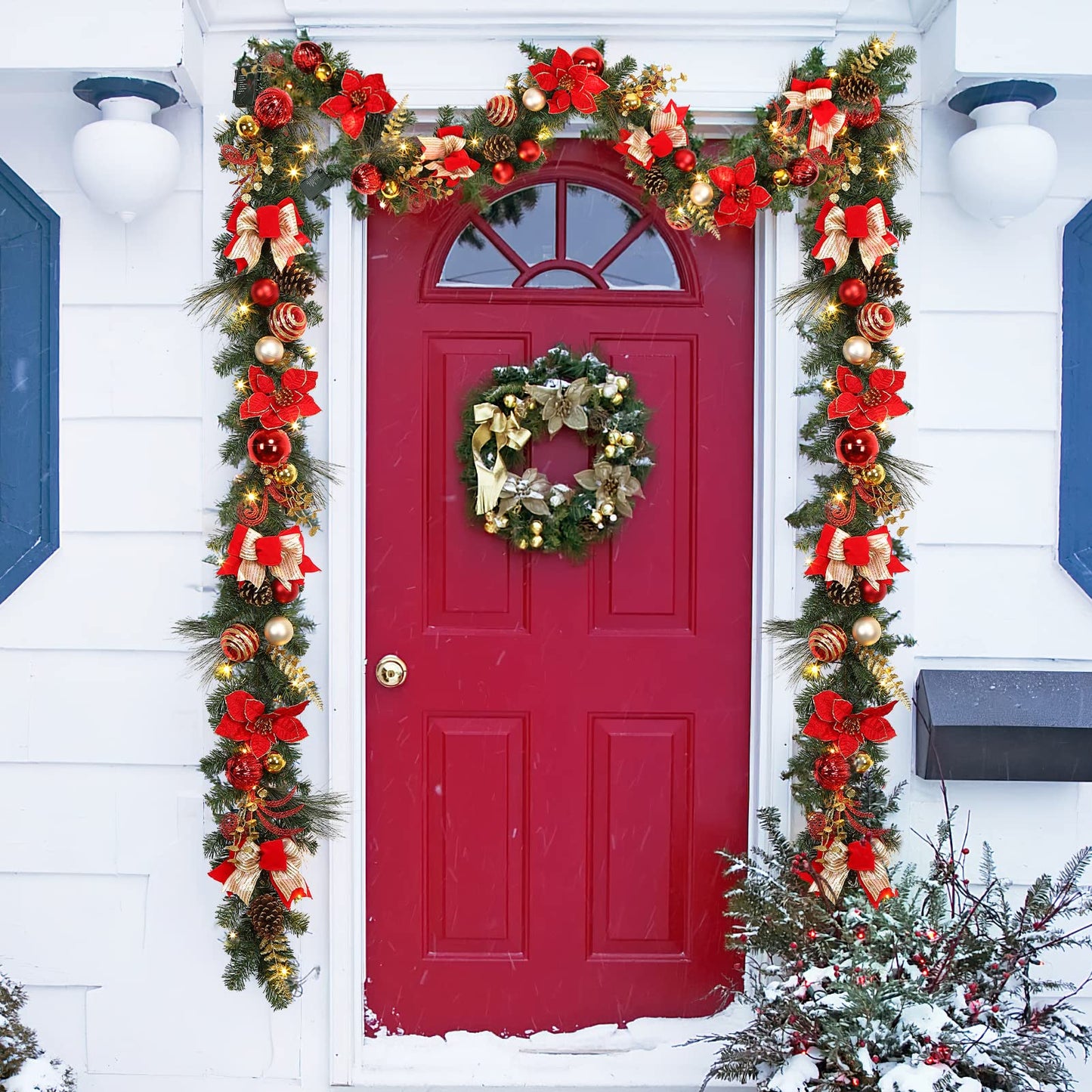 1.8M/6FT Christmas Garland with Lights, Pre Lit Christmas Decorations with LED Lights and Bow Pine Cones Berries for Xmas Tree Front Door Stairs Mantle Fireplace Home Holiday Decor, Xmas Decor