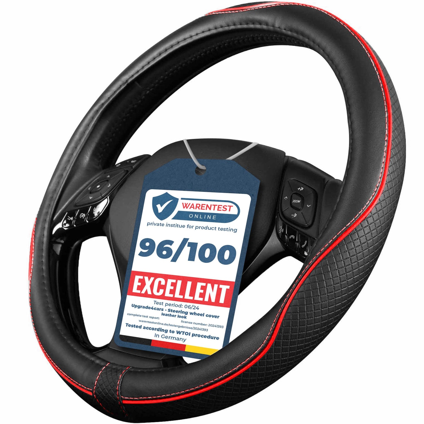 Upgrade4cars Steering Wheel Cover Red Black Leather Look | Universal Fit 14,5-15 Inch | Car Accessories Interior