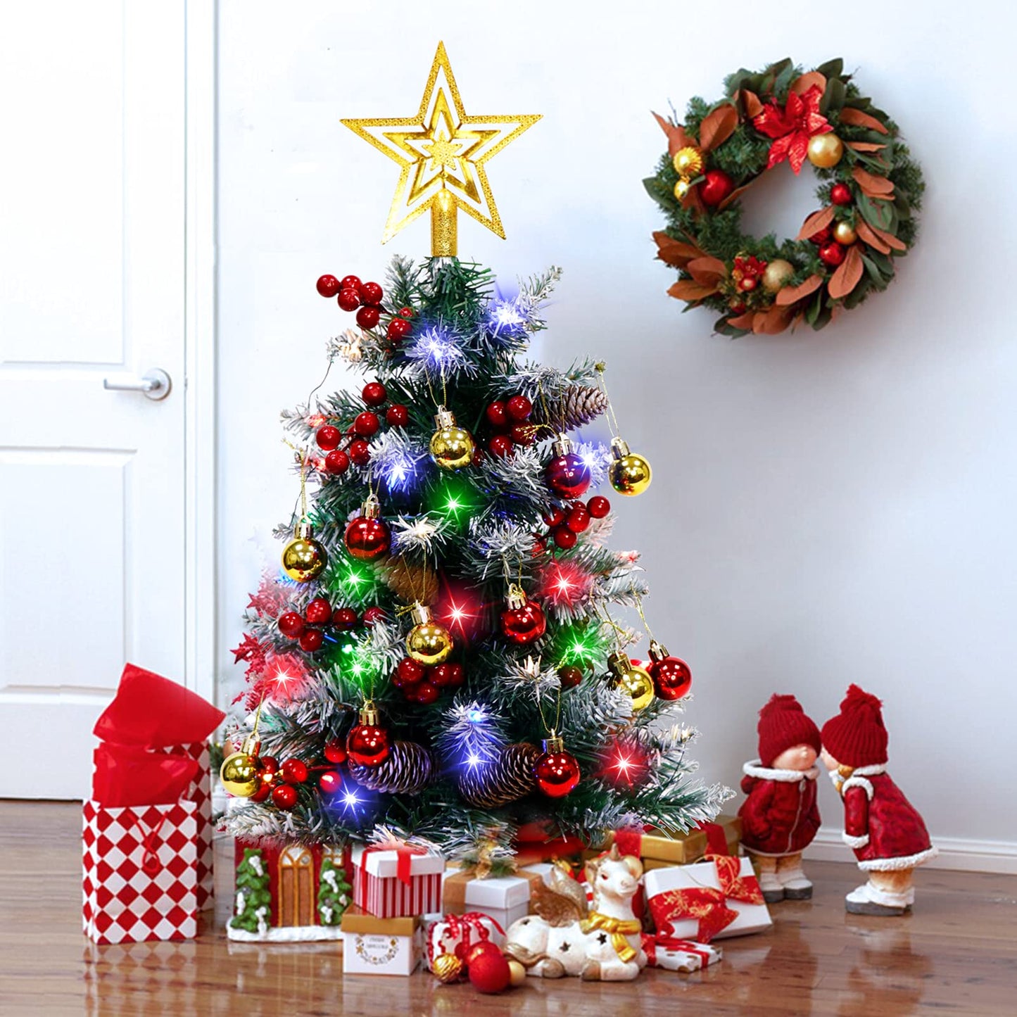 Fayavoo 60cm Mini Christmas Tree Artificial Tabletop Christmas Tree with Lights Christmas Baubles Ball Ornaments, Potted Small Xmas Tree with Christmas Tree Star for Christmas Decorations