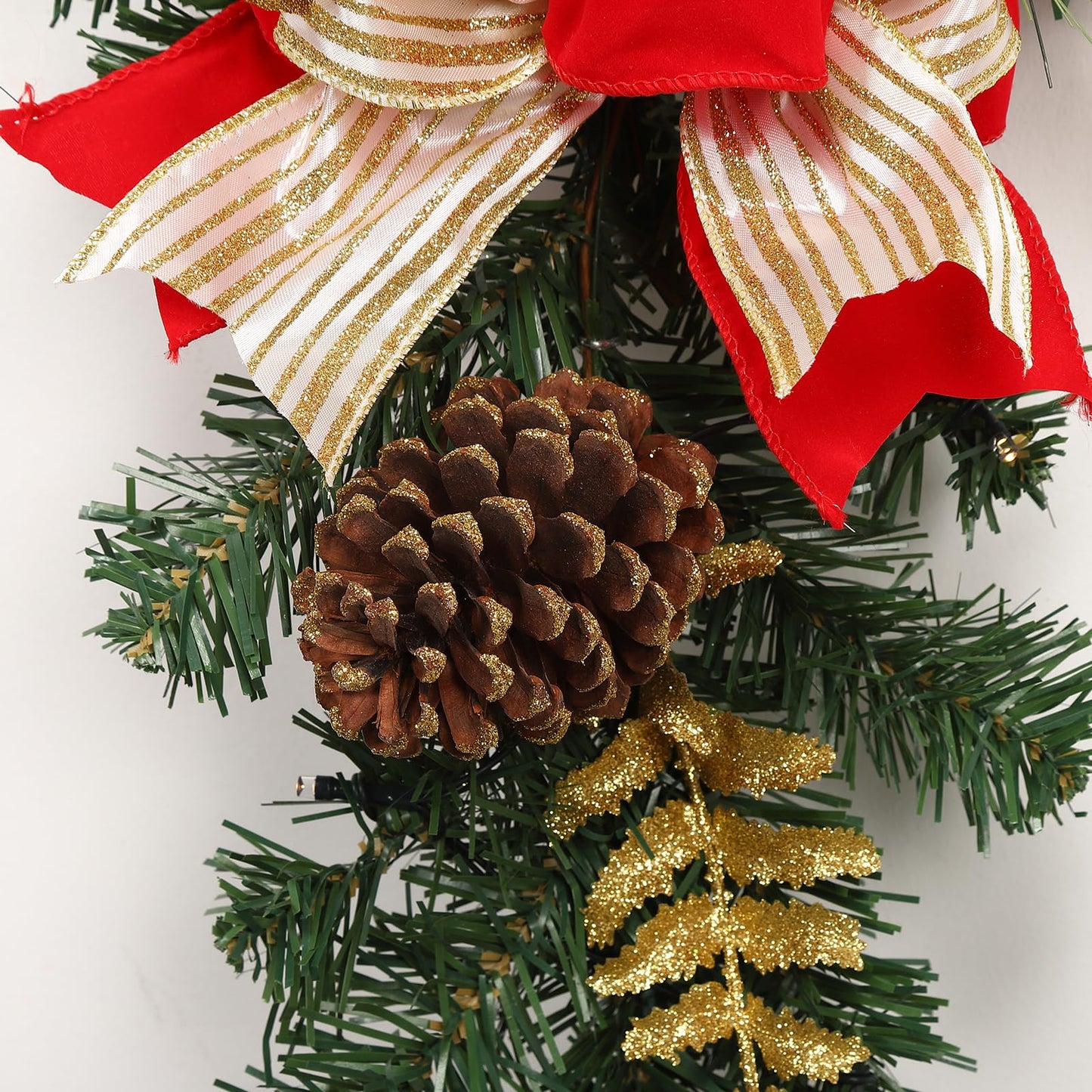 1.8M/6FT Christmas Garland with Lights, Pre Lit Christmas Decorations with LED Lights and Bow Pine Cones Berries for Xmas Tree Front Door Stairs Mantle Fireplace Home Holiday Decor, Xmas Decor