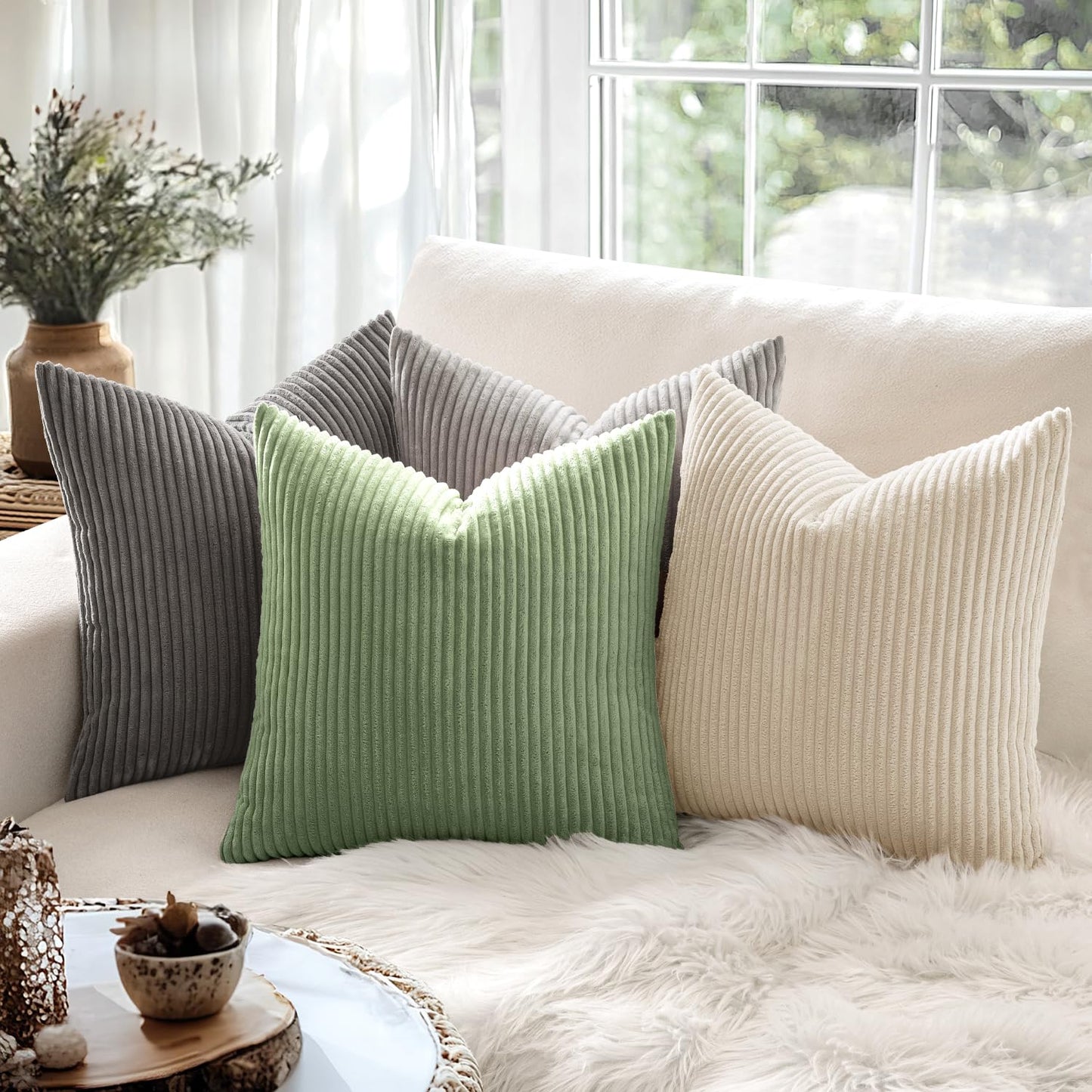 MIULEE Set of 2 Striped Corduroy Square Throw Pillow Case Soft Cushion Covers Sham Home for Sofa Couch/Bedroom Decorative Fluffy Large Pillowcases 18x18 Inch 45x45cm Sage Green