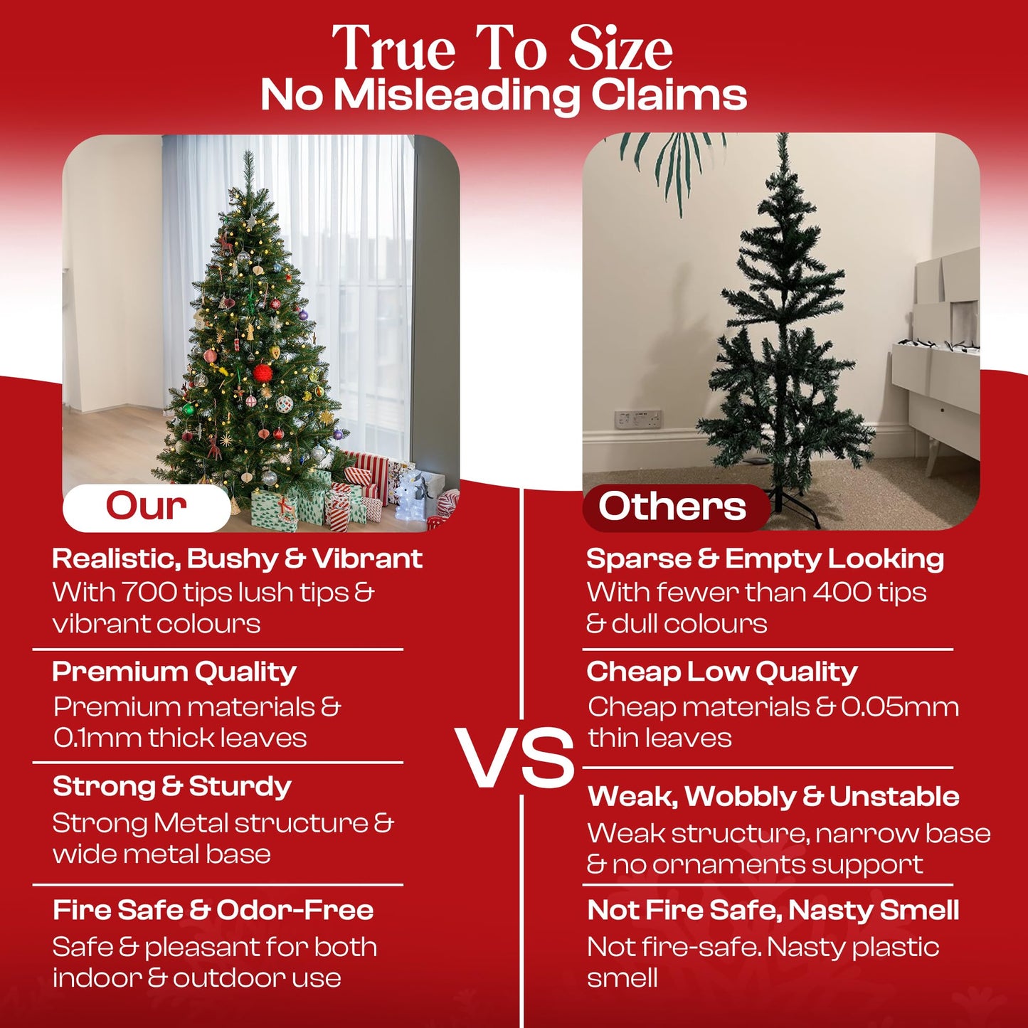 KLASS 6ft Christmas Tree 700 Tips Lush Xmas Tree Premium PVC Realistic Artificial Christmas Tree With Metal Stand, Green Christmas Trees in 4ft, 5ft, 6 ft 7ft Sizes Perfect Christmas Decoration (6ft)