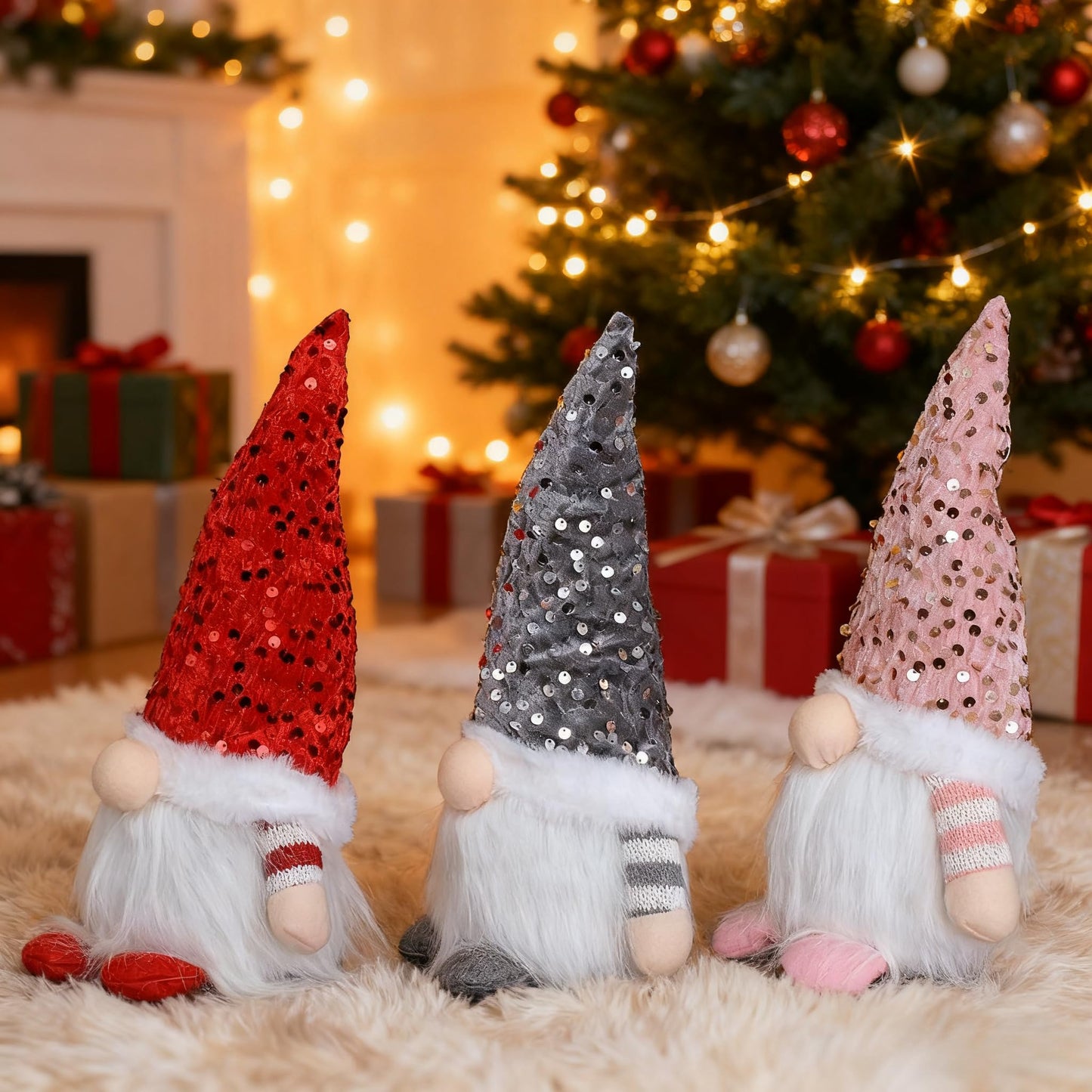 3PCS Light Up Gnome Christmas Decorations Santa Gnomes with Glitter Hat, Light Up Christmas Gonks Ornaments Elf Christmas for Xmas Decorations Indoor Holiday Table Home Decor (Red&Pink&Grey)