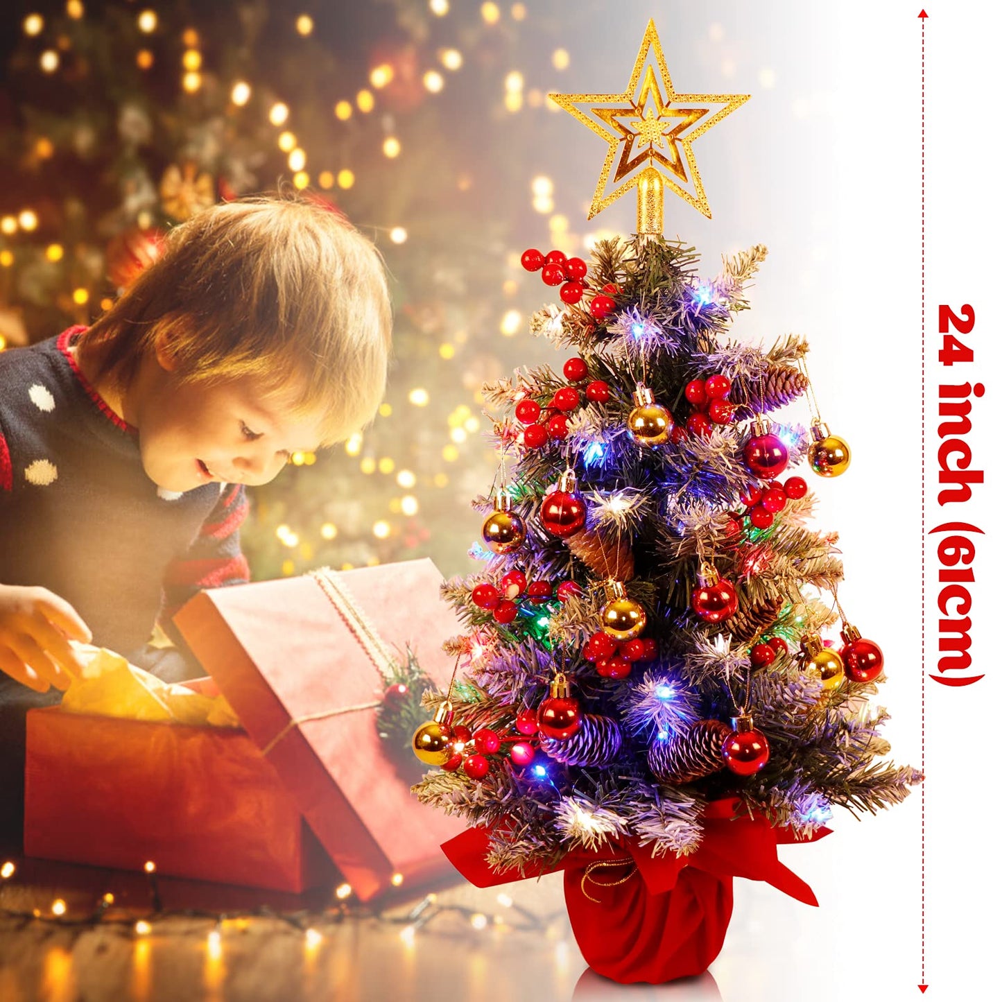 Fayavoo 60cm Mini Christmas Tree Artificial Tabletop Christmas Tree with Lights Christmas Baubles Ball Ornaments, Potted Small Xmas Tree with Christmas Tree Star for Christmas Decorations