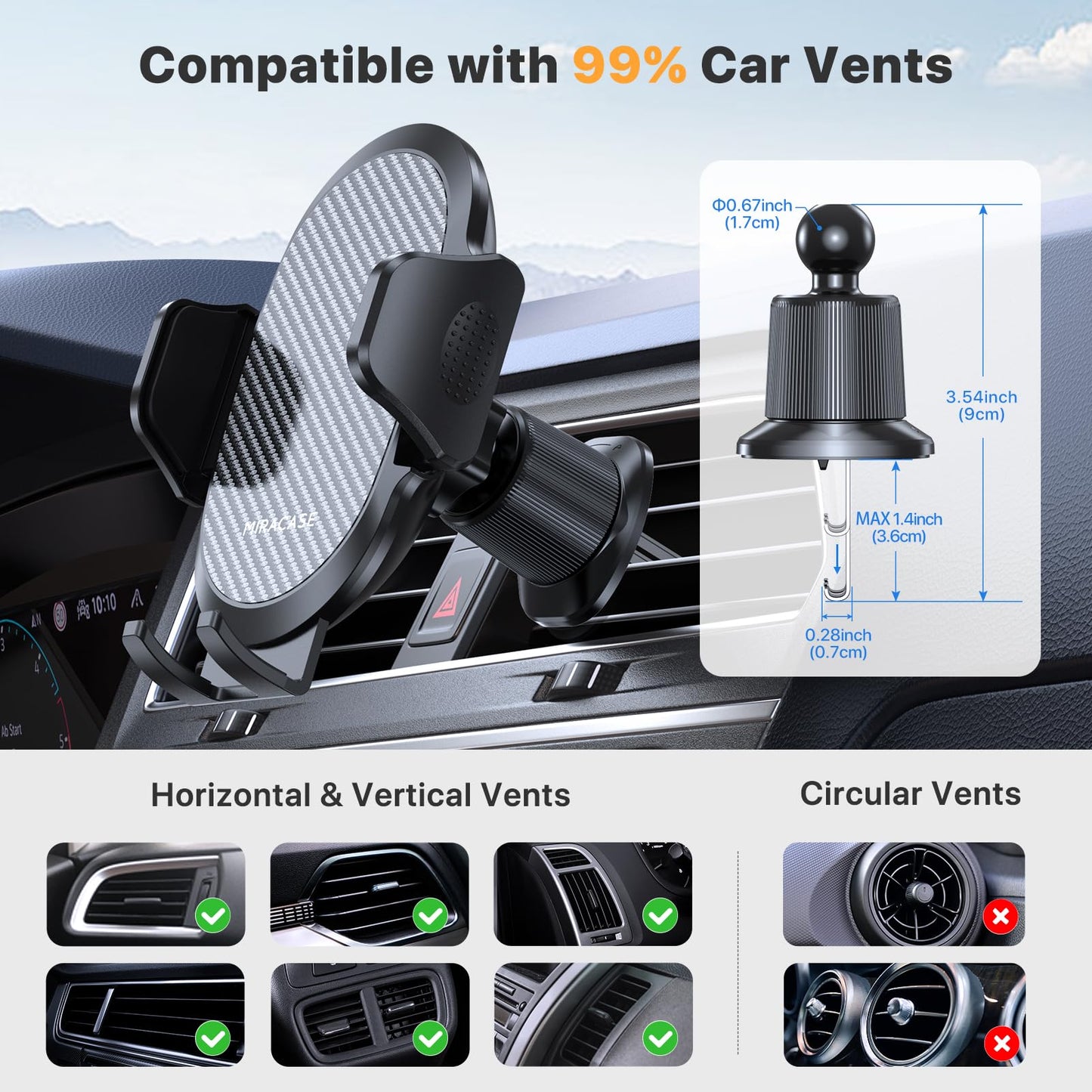 Miracase 2025 Car Phone Holder, Stable Double Steel-Hook Air Vent Car Phone Mount Cradle 360°Rotation, One Button Release Mobile Phone Holder for iPhone, Galaxy, All 4.0''-7'' Smartphones
