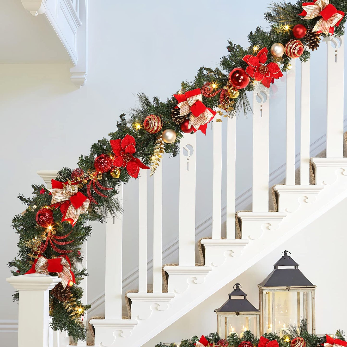 1.8M/6FT Christmas Garland with Lights, Pre Lit Christmas Decorations with LED Lights and Bow Pine Cones Berries for Xmas Tree Front Door Stairs Mantle Fireplace Home Holiday Decor, Xmas Decor