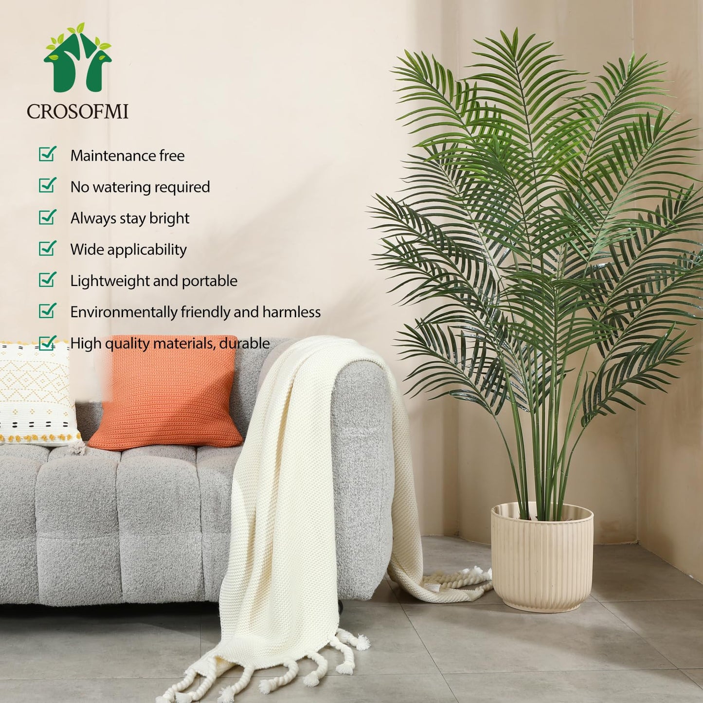 CROSOFMI Artificial Plants Areca Palm 150cm Fake Tropical Tree Faux Plants for Indoors and Outdoors Artificial Foliage and Plastic Pot for Party Office Home House Decorations (1 PACK)
