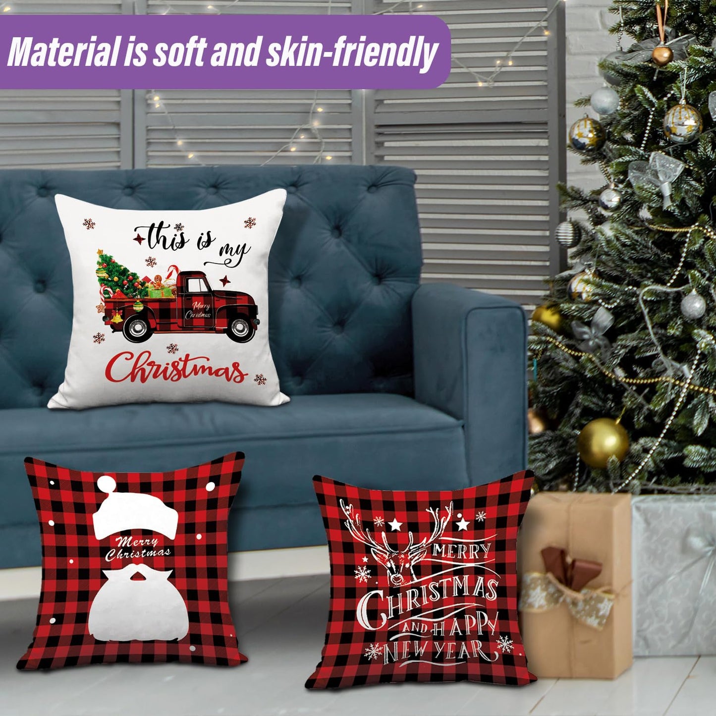 AMLOOPH Christmas Cushion Covers Set Of 6, Christmas Decorations Indoor Decor Red Black Strip Tartan Sofa Cushion Covers 45 X 45 cm Soft Plush Christmas Throw Pillow Covers Cases For Xmas Decorations