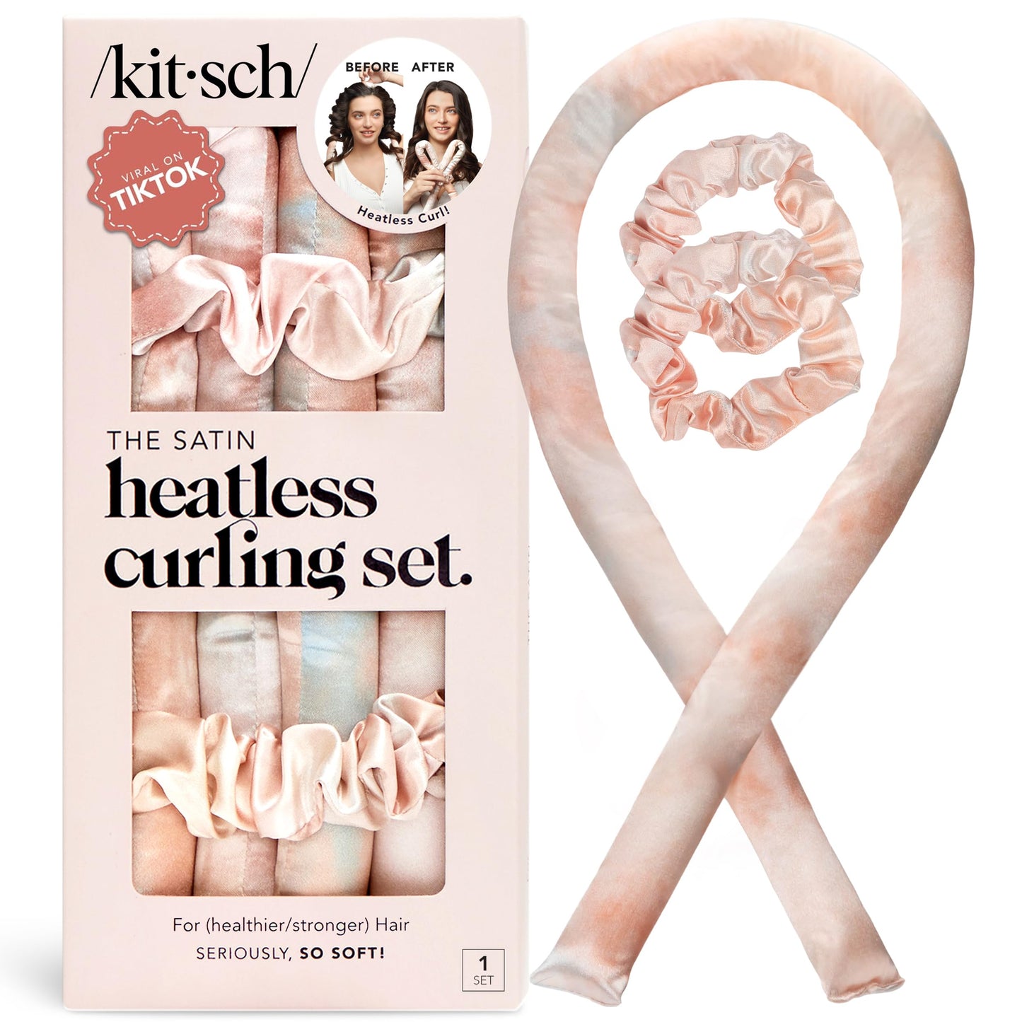 Kitsch Heatless Curling Set - Satin Heatless Curler, Heatless Curlers for Long & Short Hair, Hair Curler No Heat for Heatless Curls, Overnight Curls with 2 Scrunchies & Blowout Rod - Sunset Tie Dye