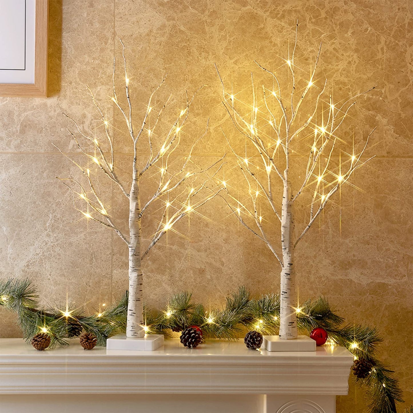 Eambrite Set of 2 Small Birch Twig Tree Lights Photo Display Tree with 24 Warm White LEDs Battery Operated Tabletop Decoration for Xmas Home Party Wedding (60cm/2ft)
