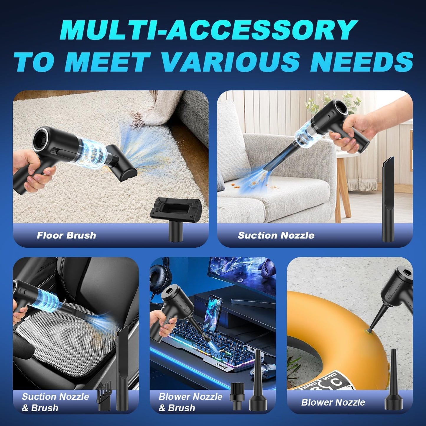 Blinme Handheld Vacuum Cleaner 13000pa, 5-in-1 Car Vacuum Cleaner with Powerful Suction, Tyep-C Double Layer Filtration Rechargeable Portable Lightweight Mini Vacuum for Pet Hair, Car and Home