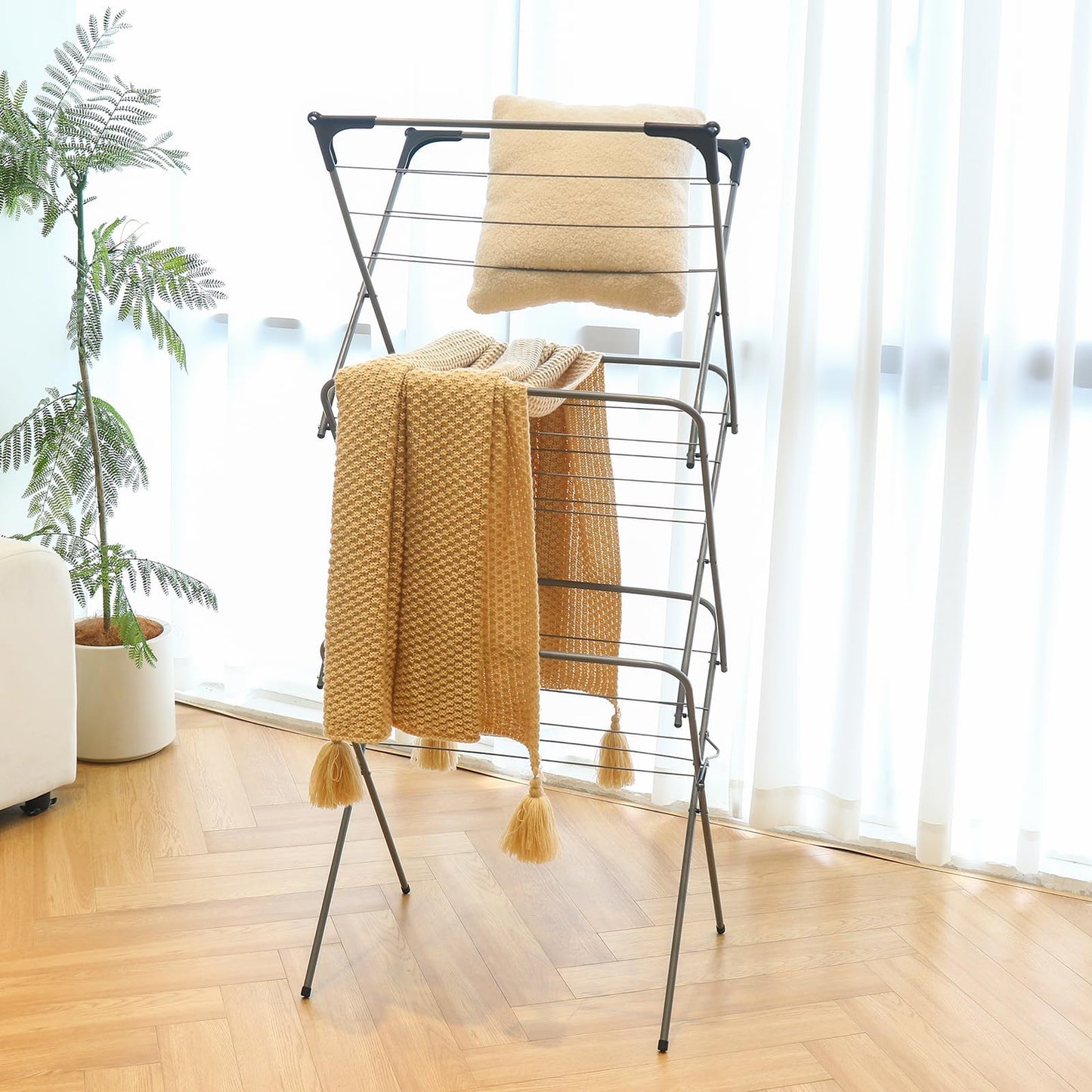 Rainberg 3 Tier Clothes Airer Drying Indoor and Outdoor, Heavy Duty Laundry Rack with Non-Slip Feet and Corner Spaces for Hangers, Flat foldable for Space Saving Washing Line, 14m Drying Space