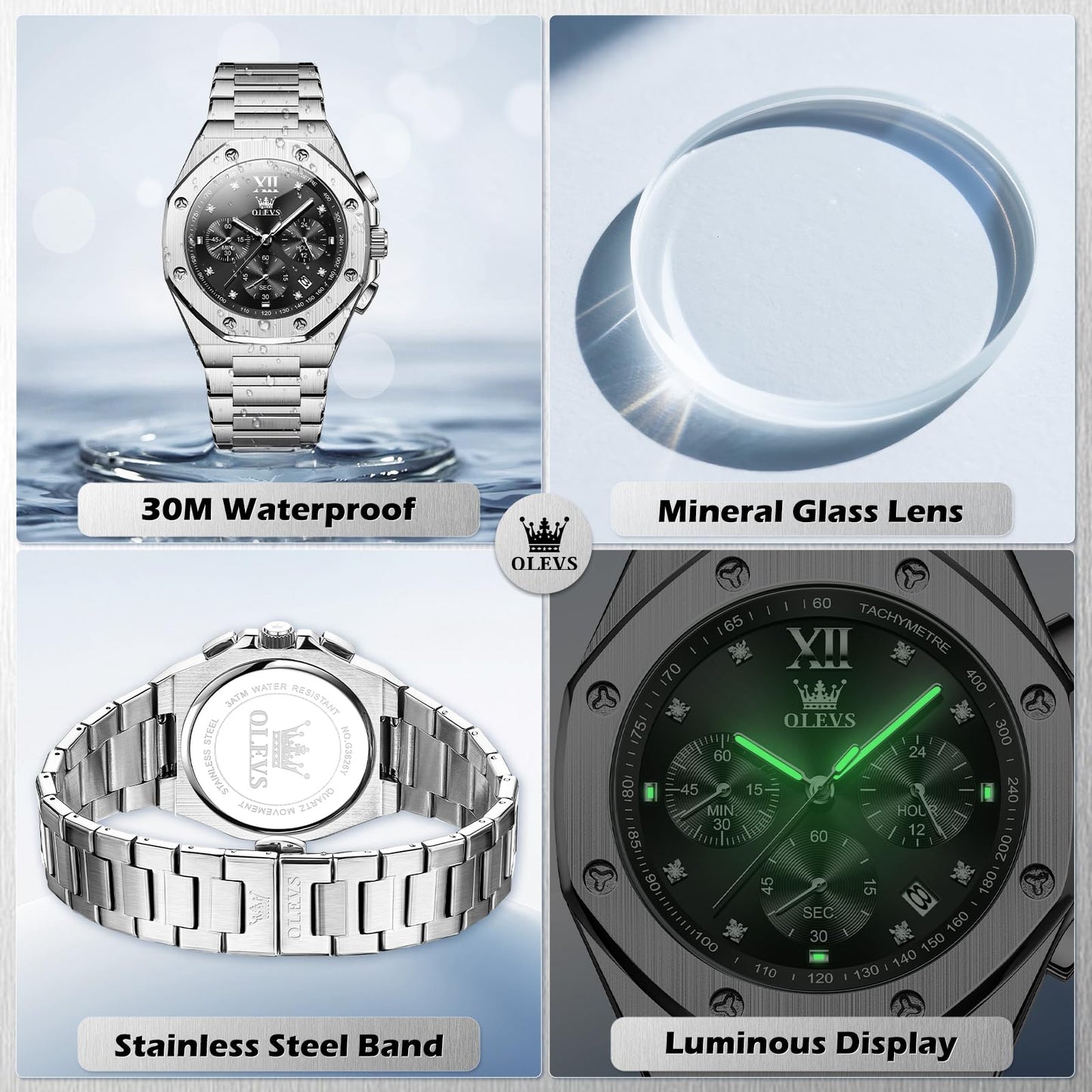 OLEVS Watch for Men Big Black Face Analog Quartz Diamond Mens Watches Chronograph Roman Numerals Stainless Steel Silver Men's Watch Luxury Large Wrist Waterproof Luminous Date Watches for Mens