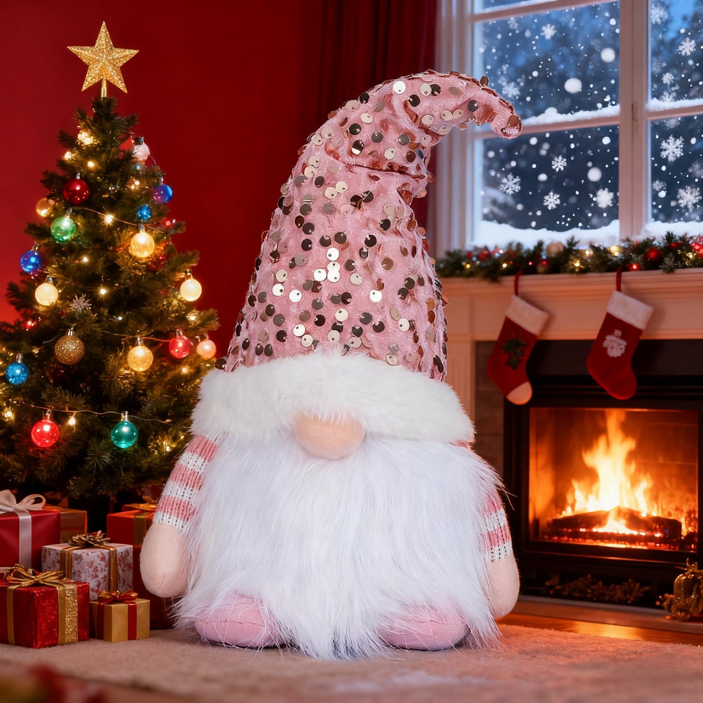 3PCS Light Up Gnome Christmas Decorations Santa Gnomes with Glitter Hat, Light Up Christmas Gonks Ornaments Elf Christmas for Xmas Decorations Indoor Holiday Table Home Decor (Red&Pink&Grey)
