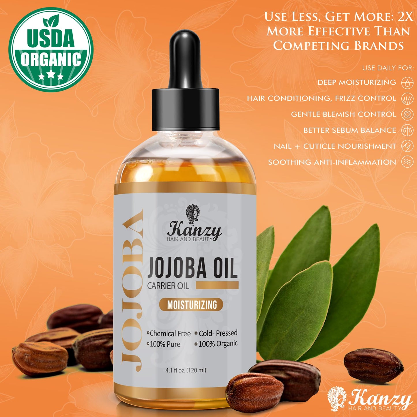 Kanzy Organic Cold Pressed Jojoba Oil 120ml - 100% Pure for Hair, Nails, Eyelash & Eyebrow Growth - Vegan & Cruelty Free for Skin, Face & Body as Carrier, Massage Oil