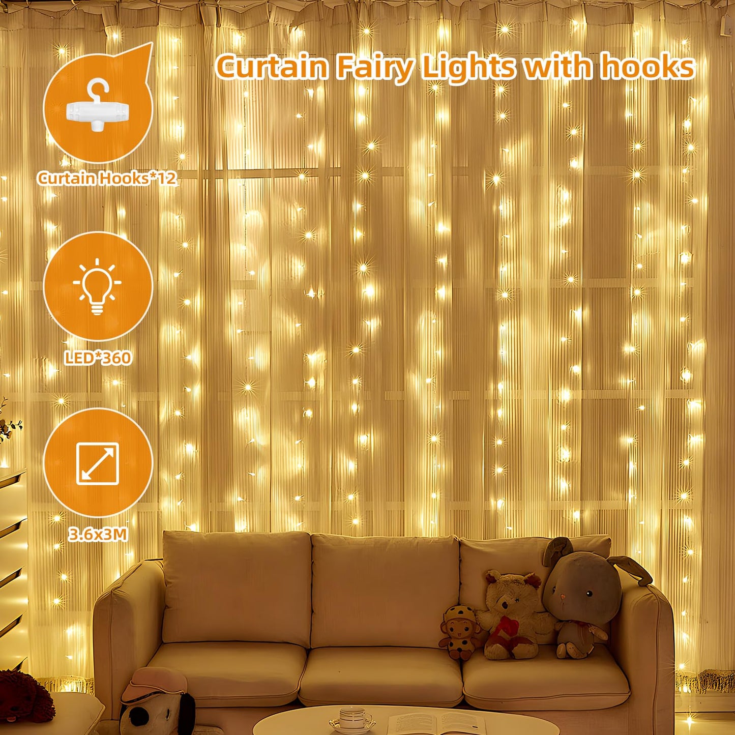 Jsdoin Curtain Fairy Lights, 3.6m x 3m 360leds USB Operated 8 Modes String Light Indoor Waterproof Hanging Window Lights with Hooks for Christmas, Wedding, Party,Wall, Home Decorations(Warm White)