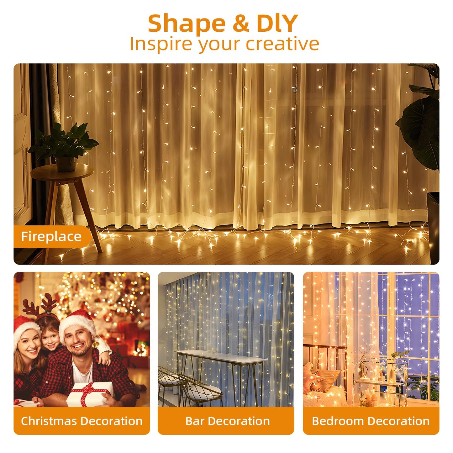 Jsdoin Curtain Fairy Lights, 3.6m x 3m 360leds USB Operated 8 Modes String Light Indoor Waterproof Hanging Window Lights with Hooks for Christmas, Wedding, Party,Wall, Home Decorations(Warm White)