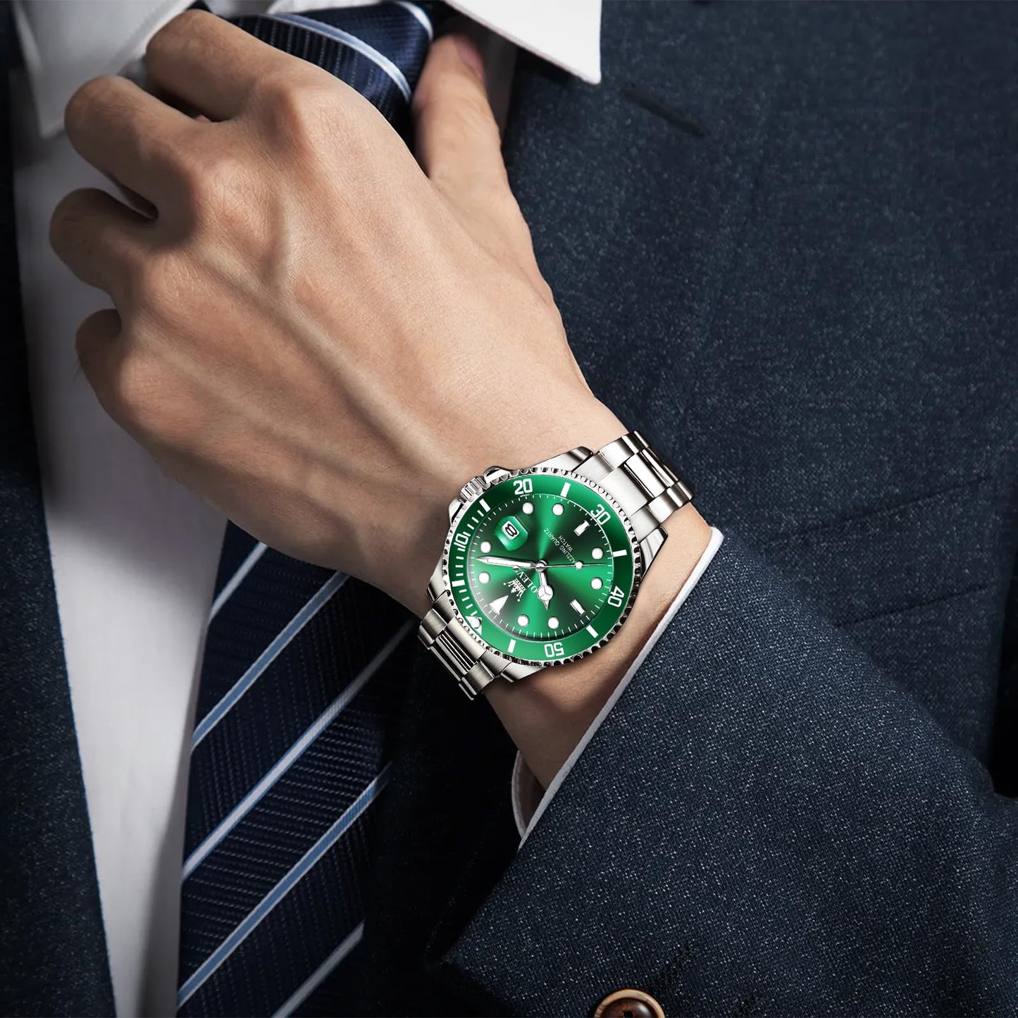 OLEVS Mens Watch Big Face Silver Stainless Steel Analogue Quartz Watches Men Green Dial Rotatable Bezel Calendar Men's Dress Watch Waterproof Luminous with Date Watches for Men Reloj para Hombre