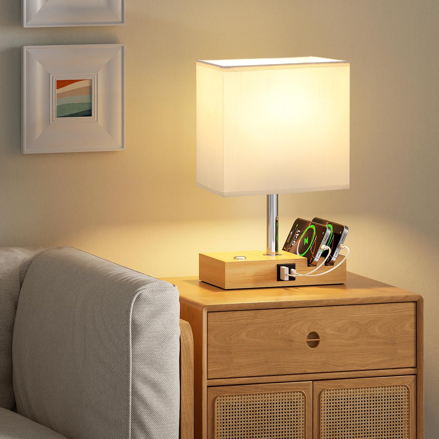 PreeOtti Bedside Lamps, Table Lamp for Living Room with USB A+C Charging Ports, 3-Way Dimmable Touch Lamps Bedside with 2 Phone Slots, Wood Charger Organizer for Bedroom, Study, Office(Bulb Included)