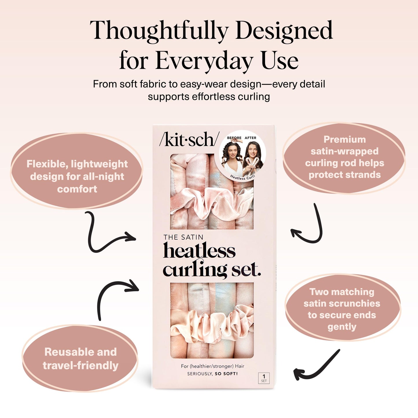 Kitsch Heatless Curling Set - Satin Heatless Curler, Heatless Curlers for Long & Short Hair, Hair Curler No Heat for Heatless Curls, Overnight Curls with 2 Scrunchies & Blowout Rod - Sunset Tie Dye