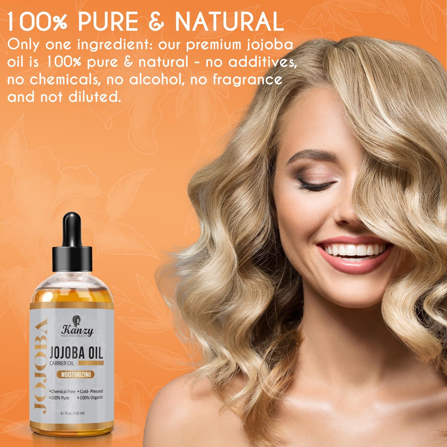 Kanzy Organic Cold Pressed Jojoba Oil 120ml - 100% Pure for Hair, Nails, Eyelash & Eyebrow Growth - Vegan & Cruelty Free for Skin, Face & Body as Carrier, Massage Oil