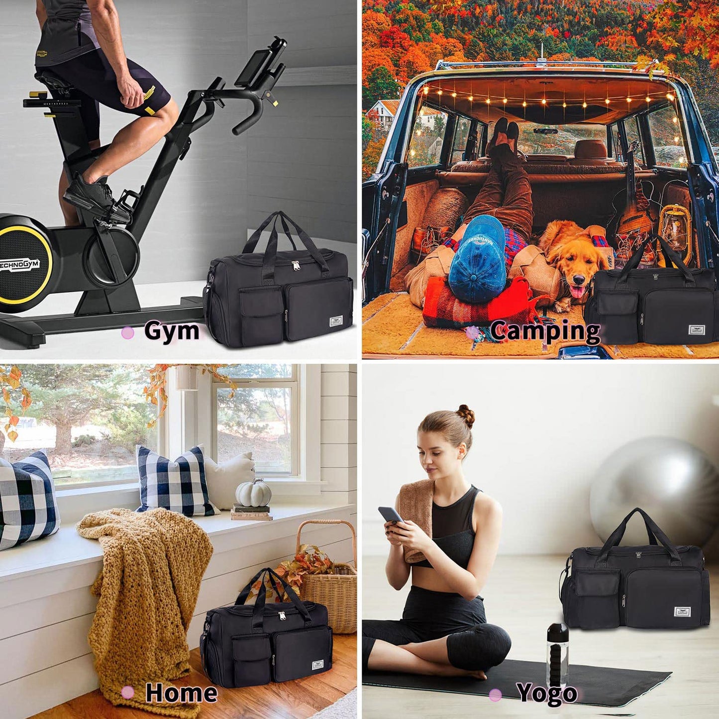 FIORETTO Womens Mens Sports Gym Bag Duffle Bag with Shoes Compartment, Weekend Travel Bag Overnight Bag for Women, Water Resistant Holdall Hospital Bag for Swimming Black