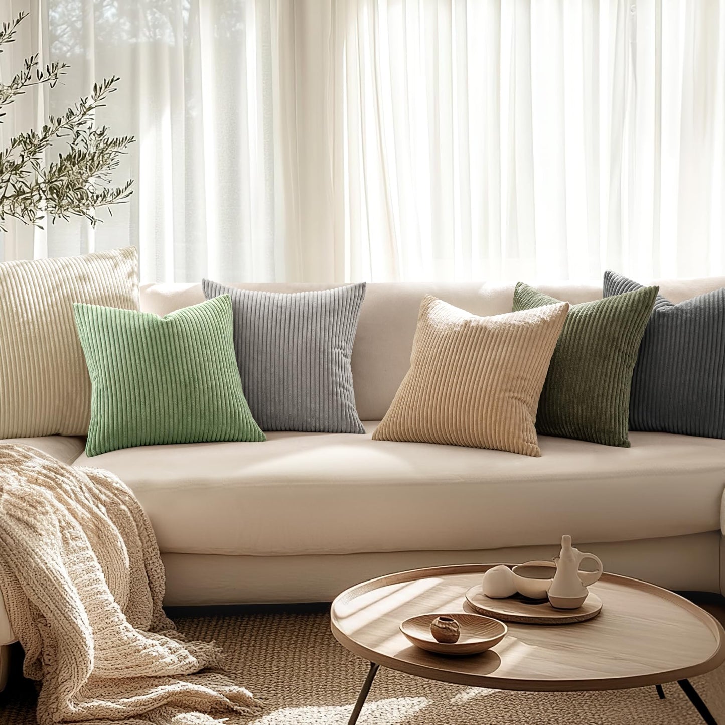 MIULEE Set of 2 Striped Corduroy Square Throw Pillow Case Soft Cushion Covers Sham Home for Sofa Couch/Bedroom Decorative Fluffy Large Pillowcases 18x18 Inch 45x45cm Sage Green