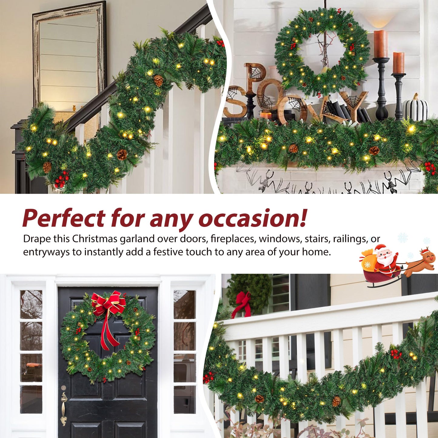 6FT/1.8M Christmas Garland For Fireplace Stairs Front Door, Xmas Garlands With Lights Pine Cones Berries,Light Up Artificial Wreath Table Porch Arch Mantle Garden Gate Home Outdoor Decorations