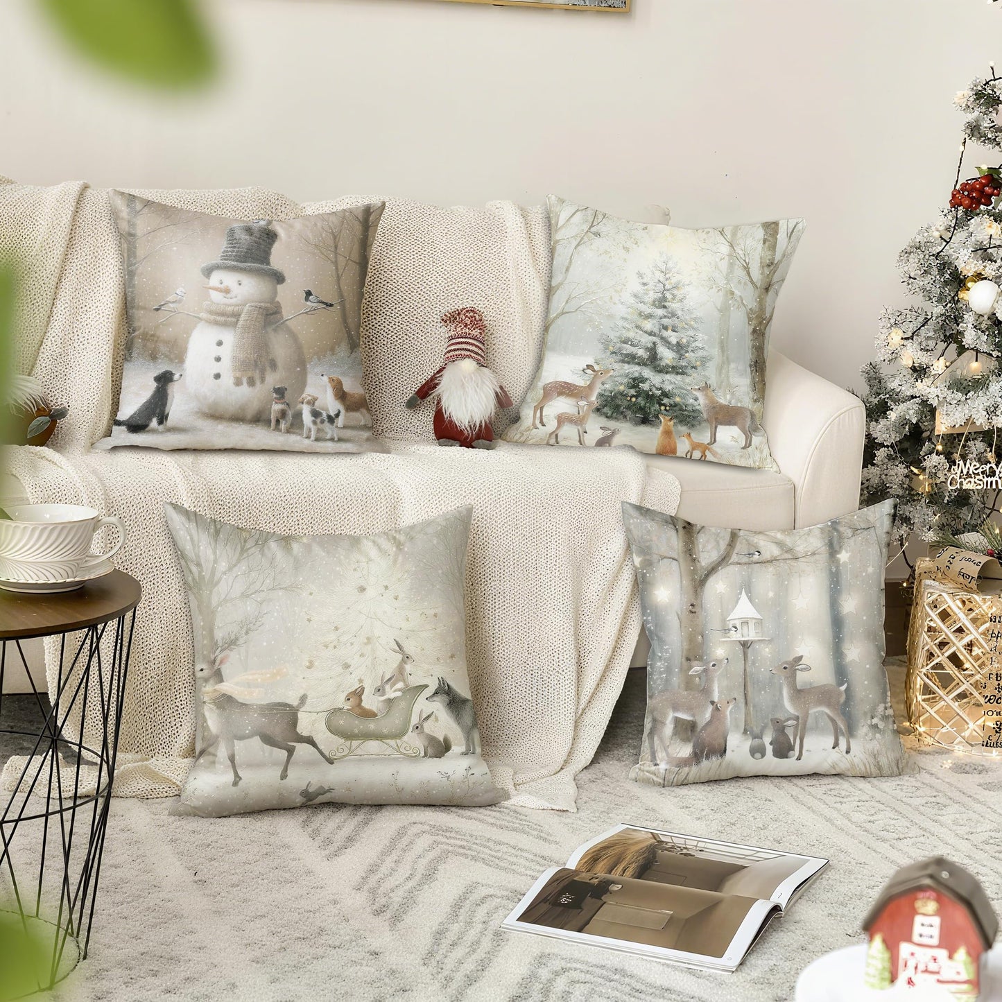 Christmas Cushion Covers Xmas Decorations Throw Pillow Cover Winter Animal Snowman Grey Set of 4 Christmas Decor For Sofa Living Room Home 18x18 Inch 45x45cm
