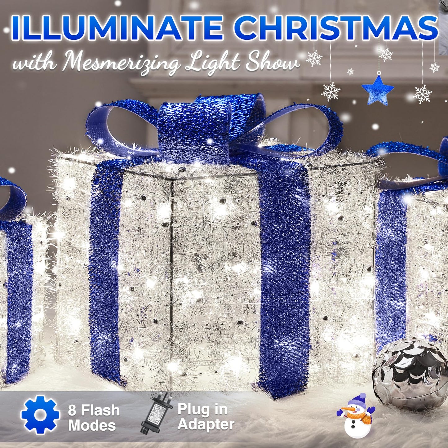 Quntis Light up Present Boxes Christmas 140 LEDs, Set of 3 Christmas Lighted Gift Boxes with 8 Modes and Timer, Plug in Blue Christmas Decorations, Light up Xmas Decorations for Indoor Outdoor