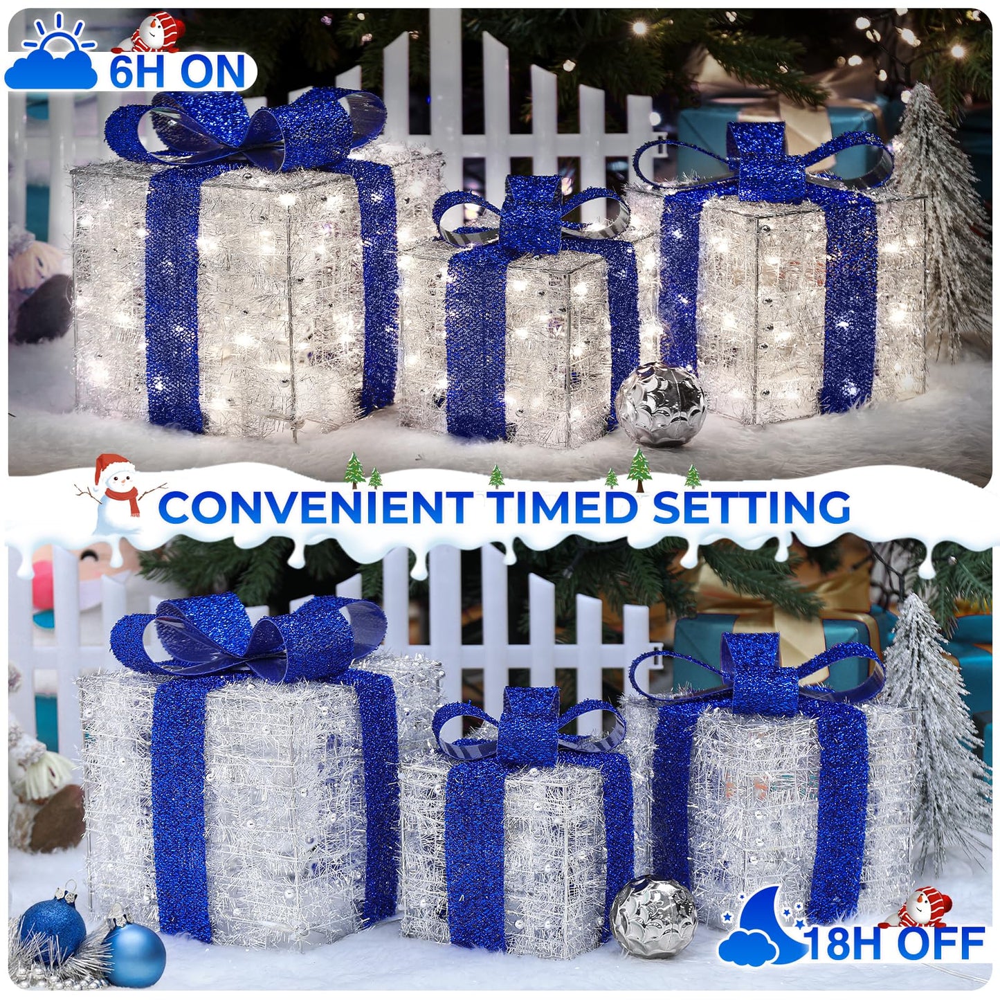 Quntis Light up Present Boxes Christmas 140 LEDs, Set of 3 Christmas Lighted Gift Boxes with 8 Modes and Timer, Plug in Blue Christmas Decorations, Light up Xmas Decorations for Indoor Outdoor