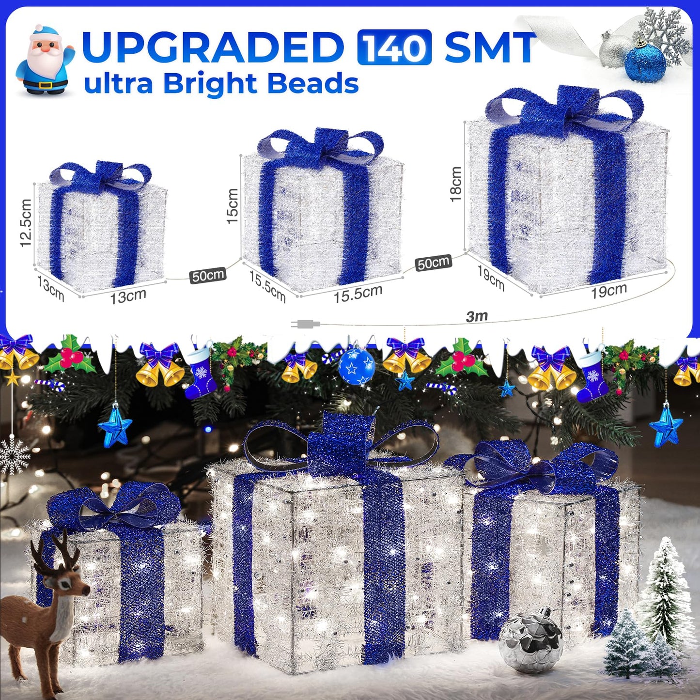 Quntis Light up Present Boxes Christmas 140 LEDs, Set of 3 Christmas Lighted Gift Boxes with 8 Modes and Timer, Plug in Blue Christmas Decorations, Light up Xmas Decorations for Indoor Outdoor