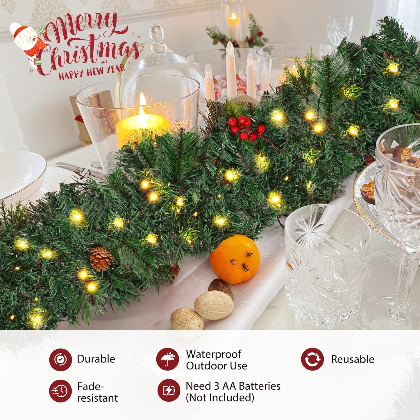 6FT/1.8M Christmas Garland For Fireplace Stairs Front Door, Xmas Garlands With Lights Pine Cones Berries,Light Up Artificial Wreath Table Porch Arch Mantle Garden Gate Home Outdoor Decorations