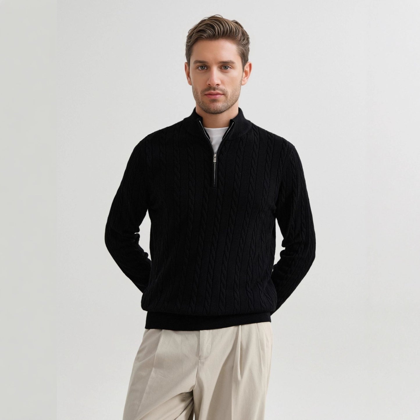 American Old Money Style Stand Collar Twisted Men's Casual Zipper Sweater