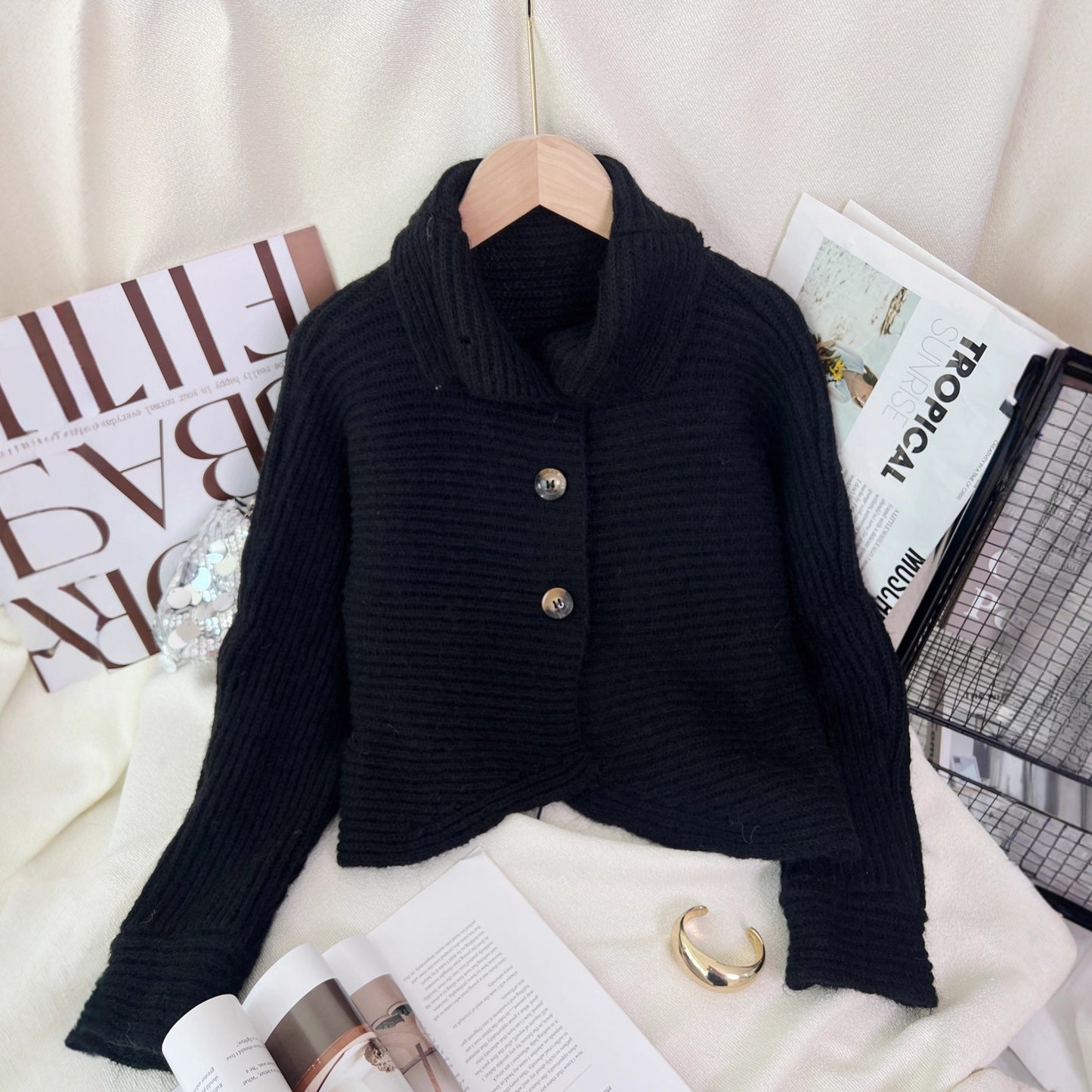 Knitted Cardigan Lapel Single Breasted Casual Irregular Women's Sweater Jacket