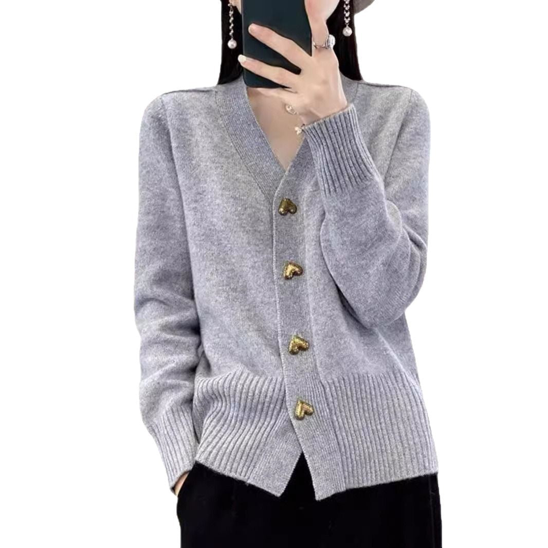 Heart Buckle Solid Color Knitted V-neck Cardigan Loose Sweater For Women