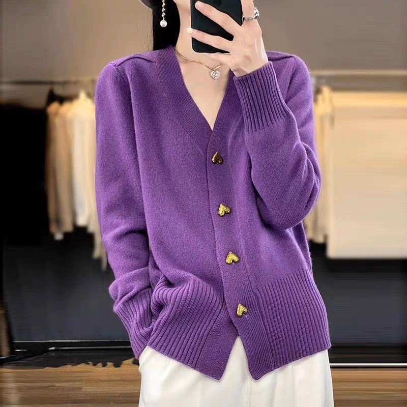 Heart Buckle Solid Color Knitted V-neck Cardigan Loose Sweater For Women