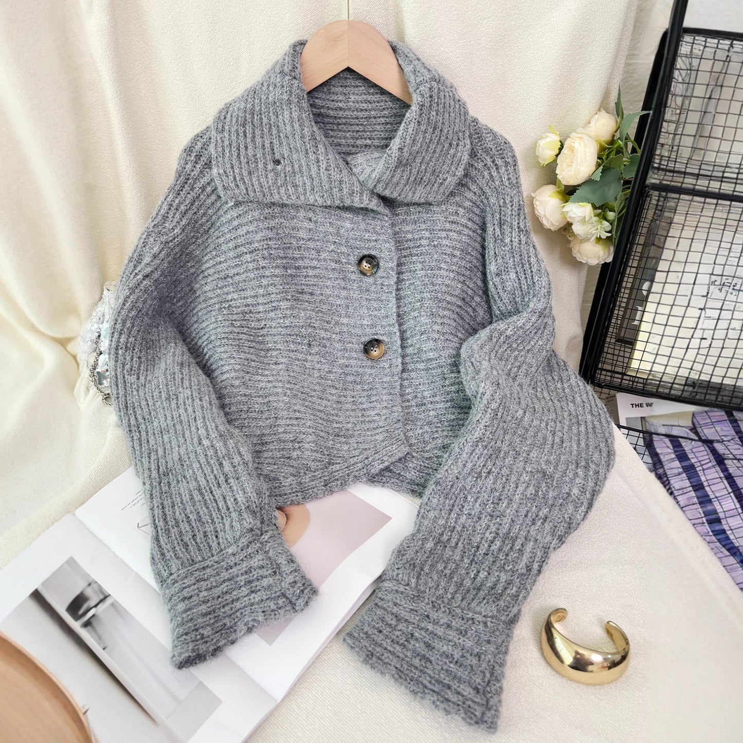 Knitted Cardigan Lapel Single Breasted Casual Irregular Women's Sweater Jacket