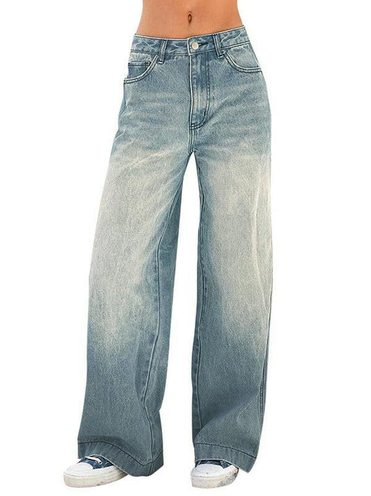 EMMIOL Women's Wide Leg Jeans Distress Mid Waist Denim Pants Vintage Y2K Trousers Washed Blue