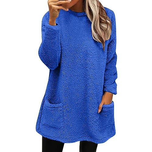 Angxiwan winter hoodies for women UK Fleece Jumper Women Warm Winter Tops Warm Teddy Sherpa Tunic Top With Pockets Long Sleeve Plush Oversized Sweatshirts Plus Size Thermal teddy coats for UK