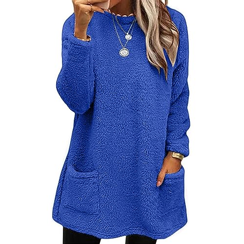Angxiwan winter hoodies for women UK Fleece Jumper Women Warm Winter Tops Warm Teddy Sherpa Tunic Top With Pockets Long Sleeve Plush Oversized Sweatshirts Plus Size Thermal teddy coats for UK