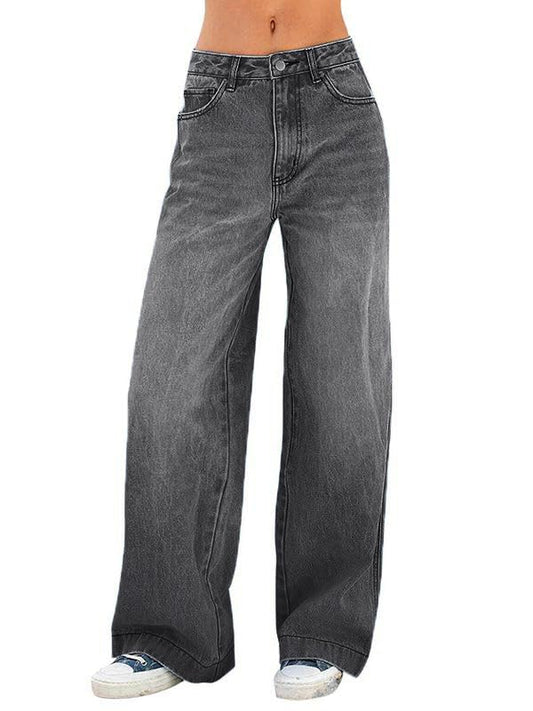 EMMIOL Women's Wide Leg Jeans Distress Mid Waist Denim Pants Vintage Y2K Trousers Dark Grey